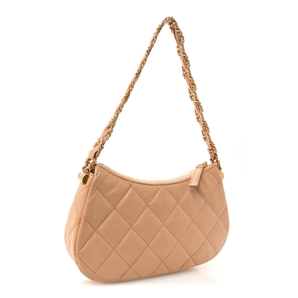 Chanel Crumpled Calfskin Quilted Braided CC Hobo Beige