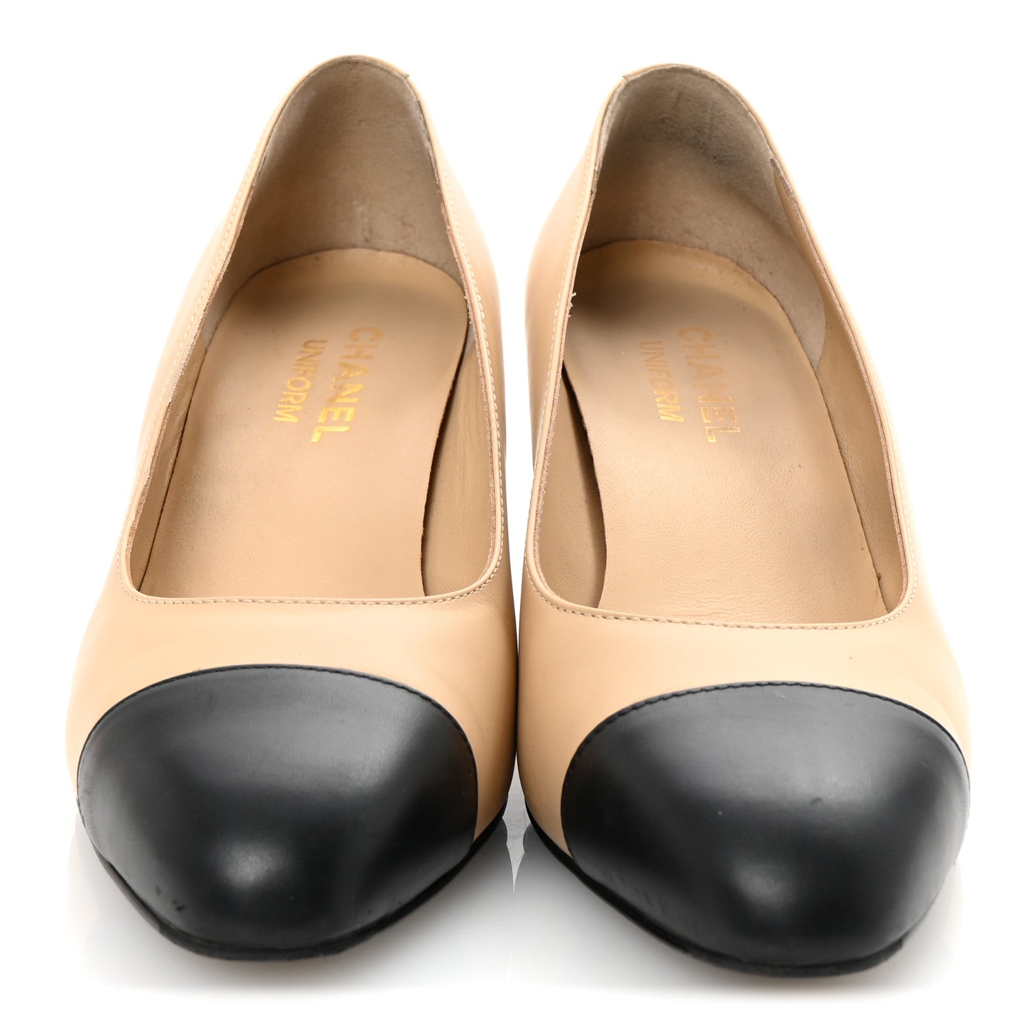 Lambskin Cap Toe CC Uniform Pumps 38 Beige Black