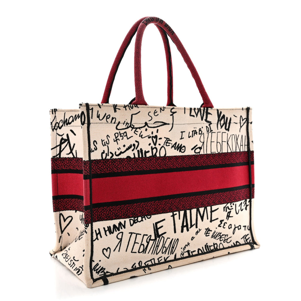 Christian Dior Canvas Embroidered Medium Dioramour Graffiti Book Tote Latte Multicolor