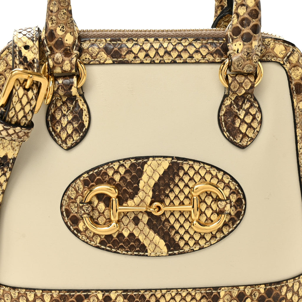 Gucci Snakeskin Boarded Plutone Calfskin Mini Horsebit 1955 Top Handle Bag White Multicolor