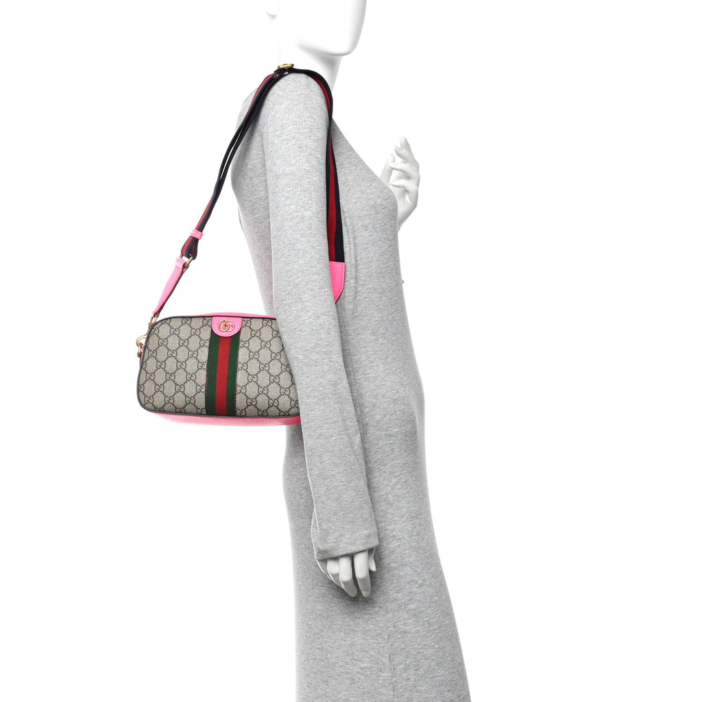 Gucci GG Supreme Monogram Textured Dollar Calfskin Web Ophidia Small Crossbody Bag Beige Ebony Fuchsia