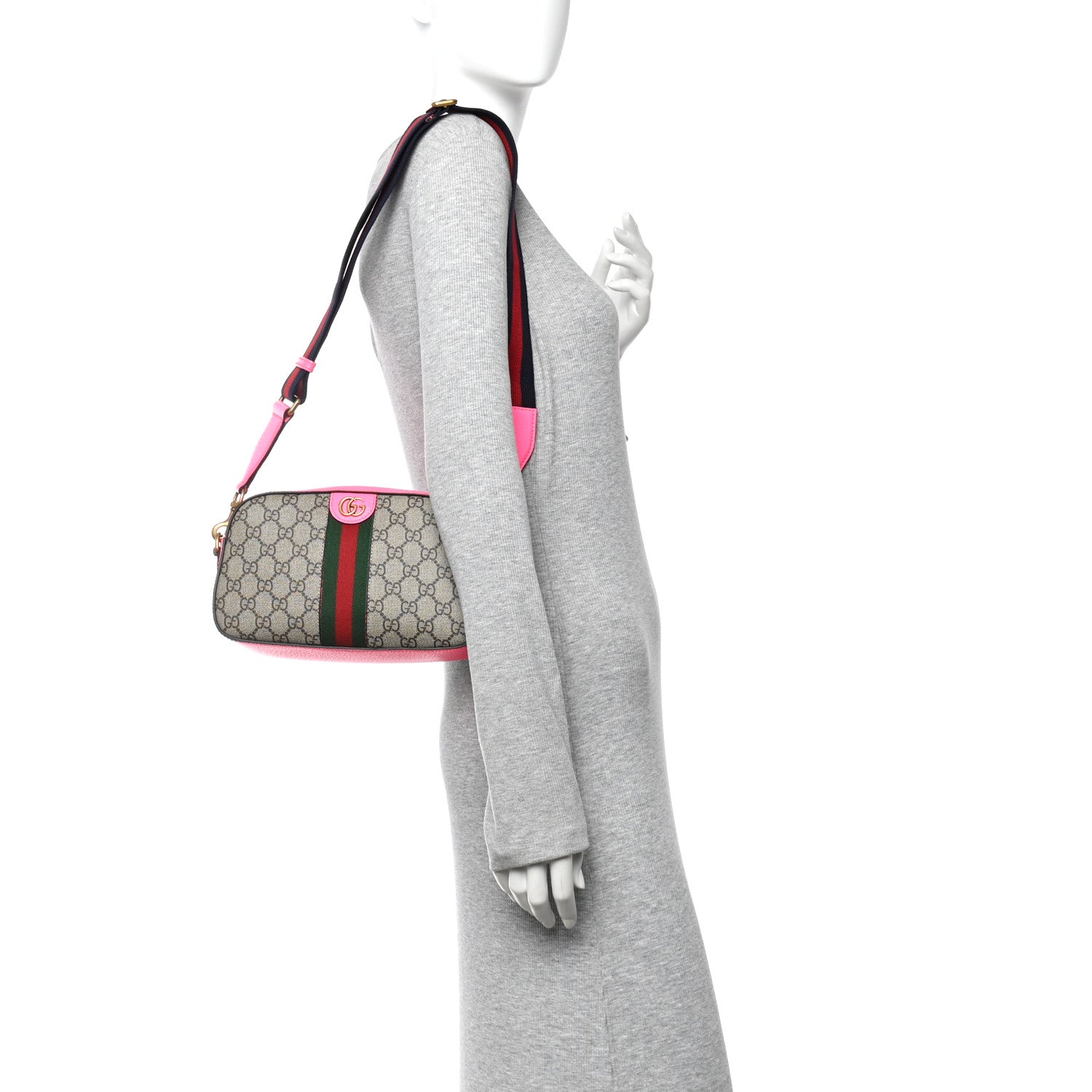 Gucci GG Supreme Monogram Textured Dollar Calfskin Web Ophidia Small Crossbody Bag Beige Ebony Fuchsia