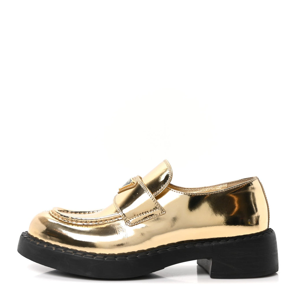 Prada Metallic Brushed Calfskin Metal Triangle Logo 50mm Loafers 39.5 Platino
