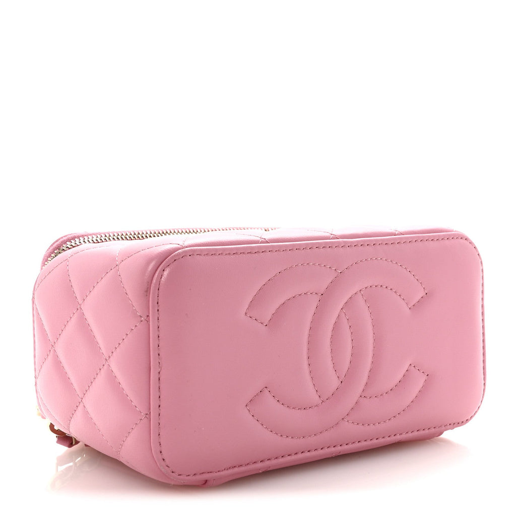 Chanel Lambskin Quilted Small Top Handle Vanity Case With Chain Pink