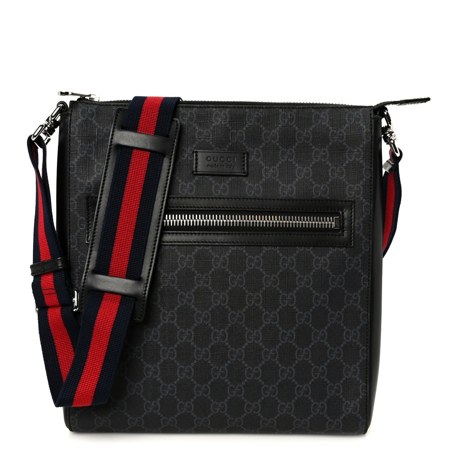 Gucci GG Supreme Monogram Appia Calfskin Web Flat Messenger Bag Black Grey