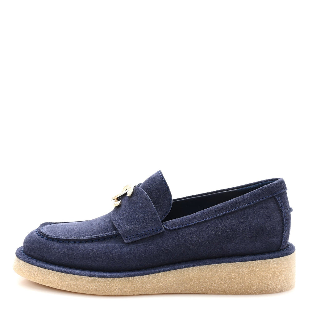 Chanel Suede Calfskin Pearl CC Moccasin Loafers 37 Navy