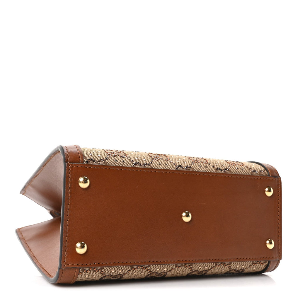 Gucci New Canvas Charisma Calfskin Crystal GG Monogram Mini Diana Tote Bag Camel Ebony