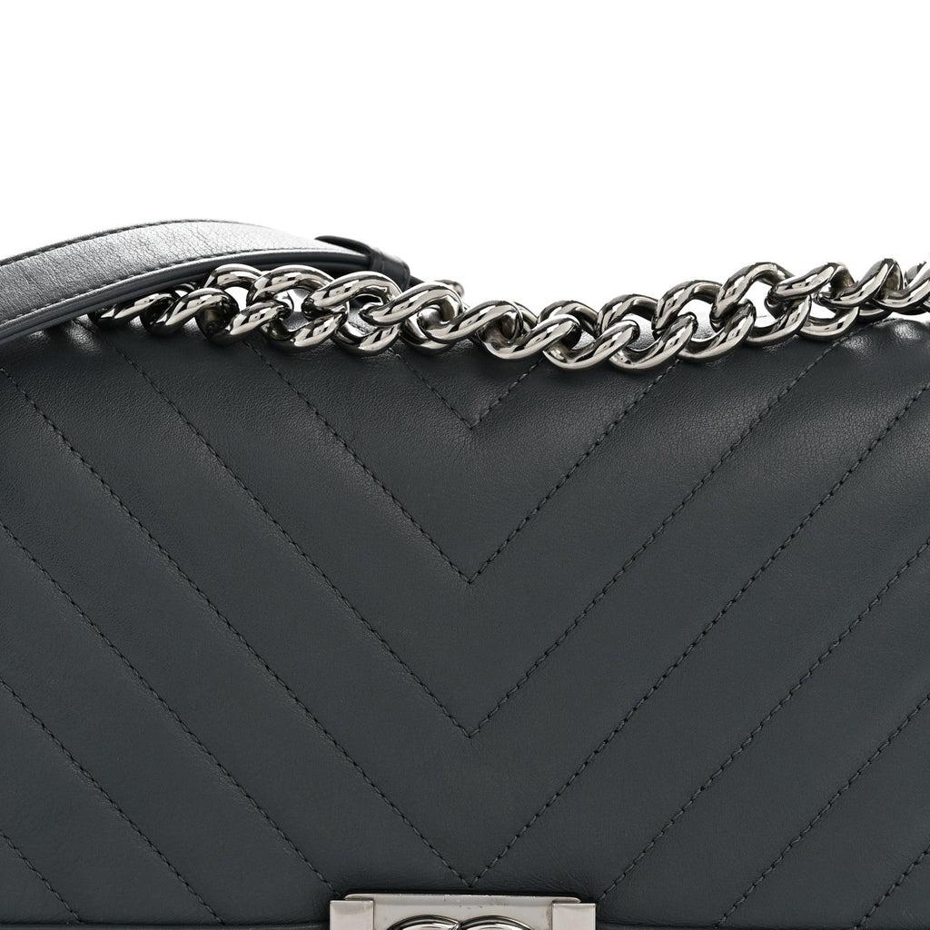 Chanel Calfskin Chevron Quilted New Medium Boy Flap Dark Navy Blue