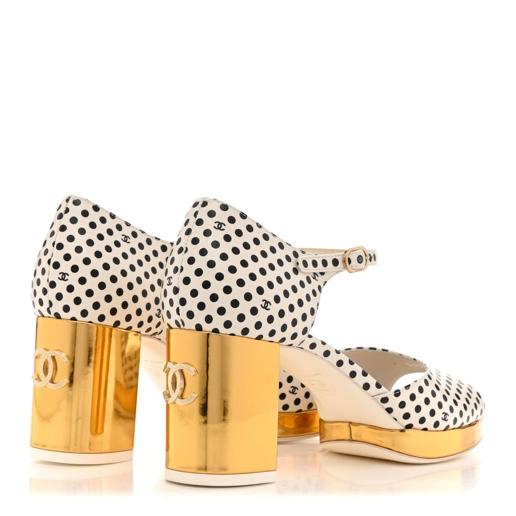 Printed Calfskin Polka Dot CC Platform Sandals 37 Ivory Black