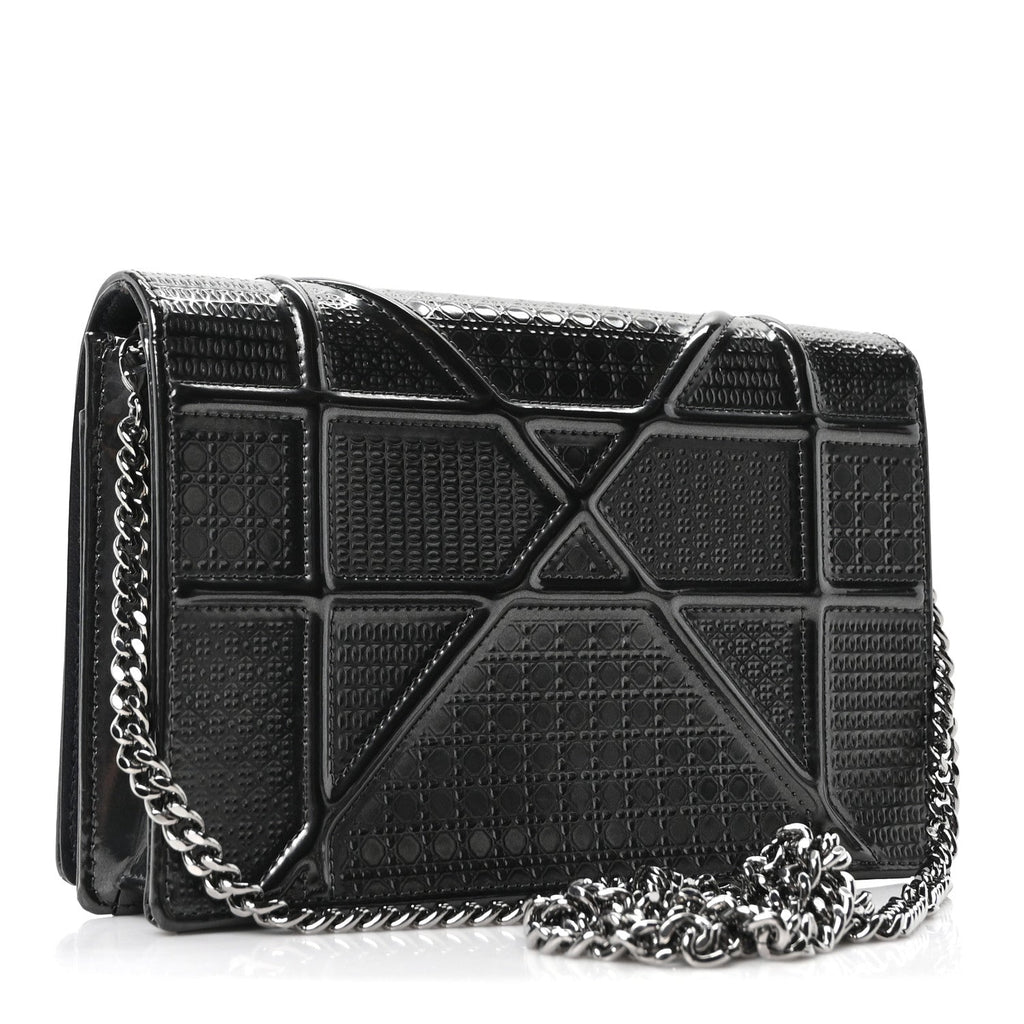 Christian Dior Metallic Patent Micro-Cannage Diorama Wallet on Chain Pouch Onyx Black