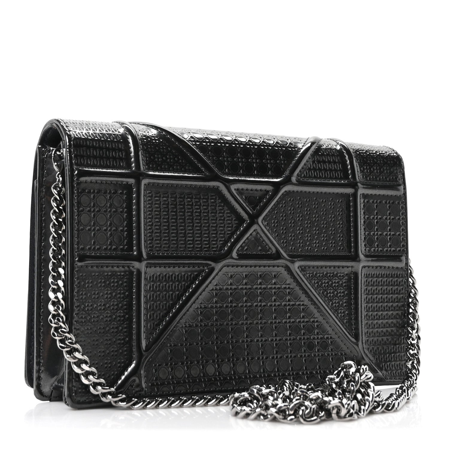 Christian Dior Metallic Patent Micro-Cannage Diorama Wallet on Chain Pouch Onyx Black