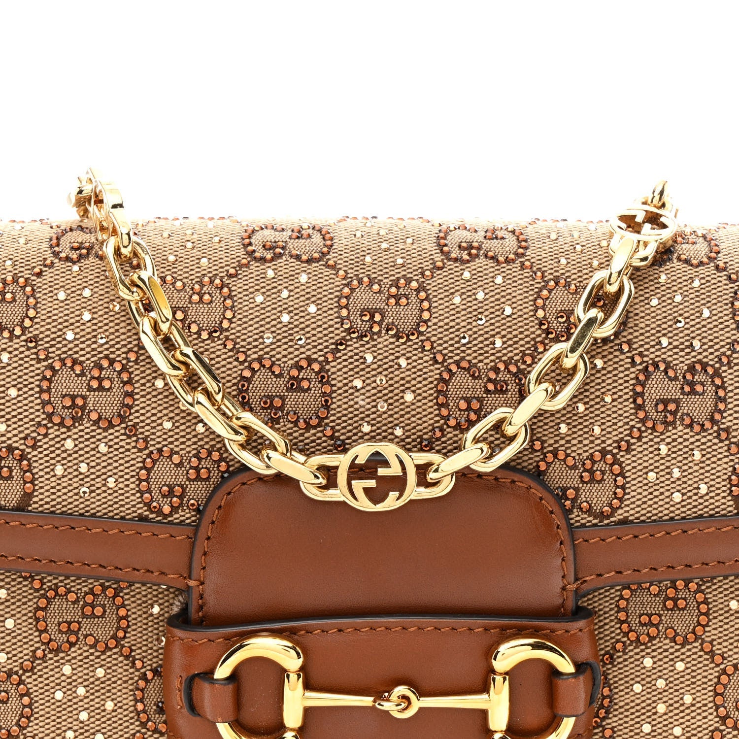 Gucci New Canvas Charisma Calfskin Crystal GG Monogram Mini Horsebit 1955 Shoulder Bag Camel Ebony