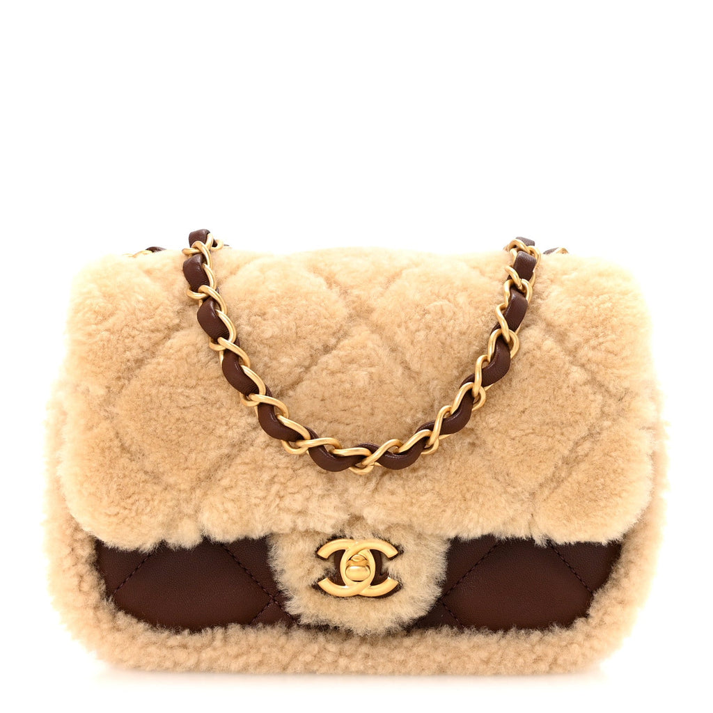 Chanel Shearling Lambskin Quilted Mini Furry Coco Flap Beige Dark Brown