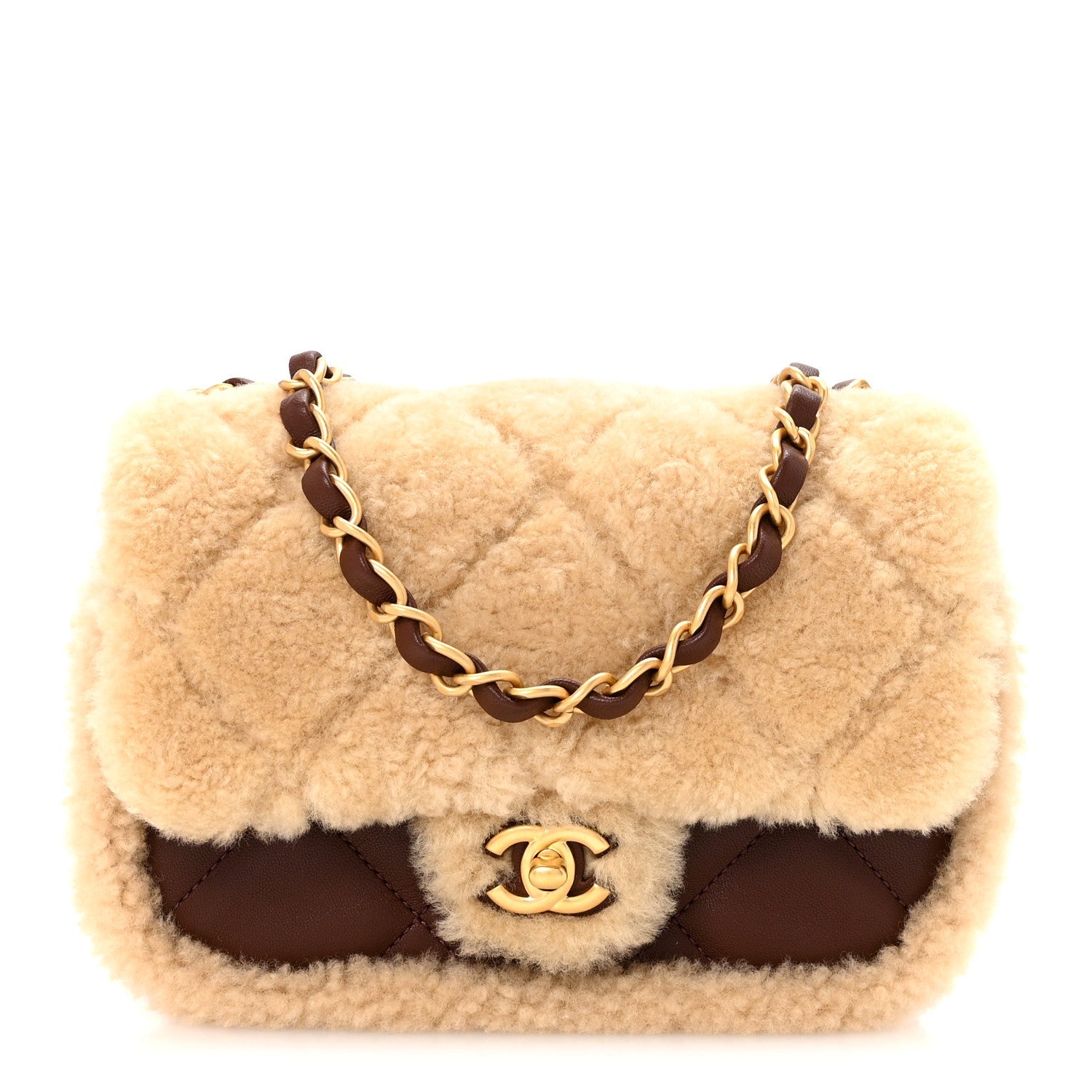 Chanel Shearling Lambskin Quilted Mini Furry Coco Flap Beige Dark Brown