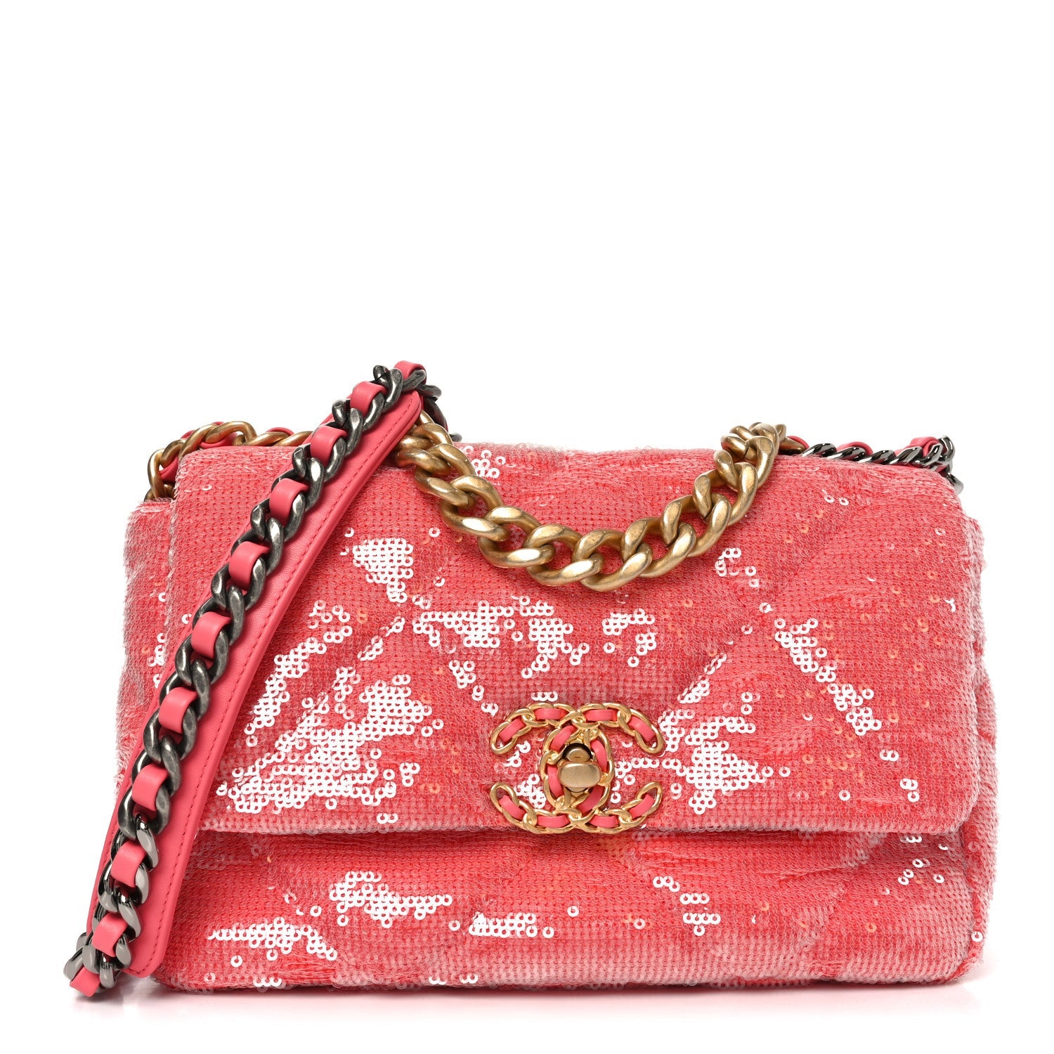 Chanel Sequin Quilted Medium Chanel 19 Flap Coral