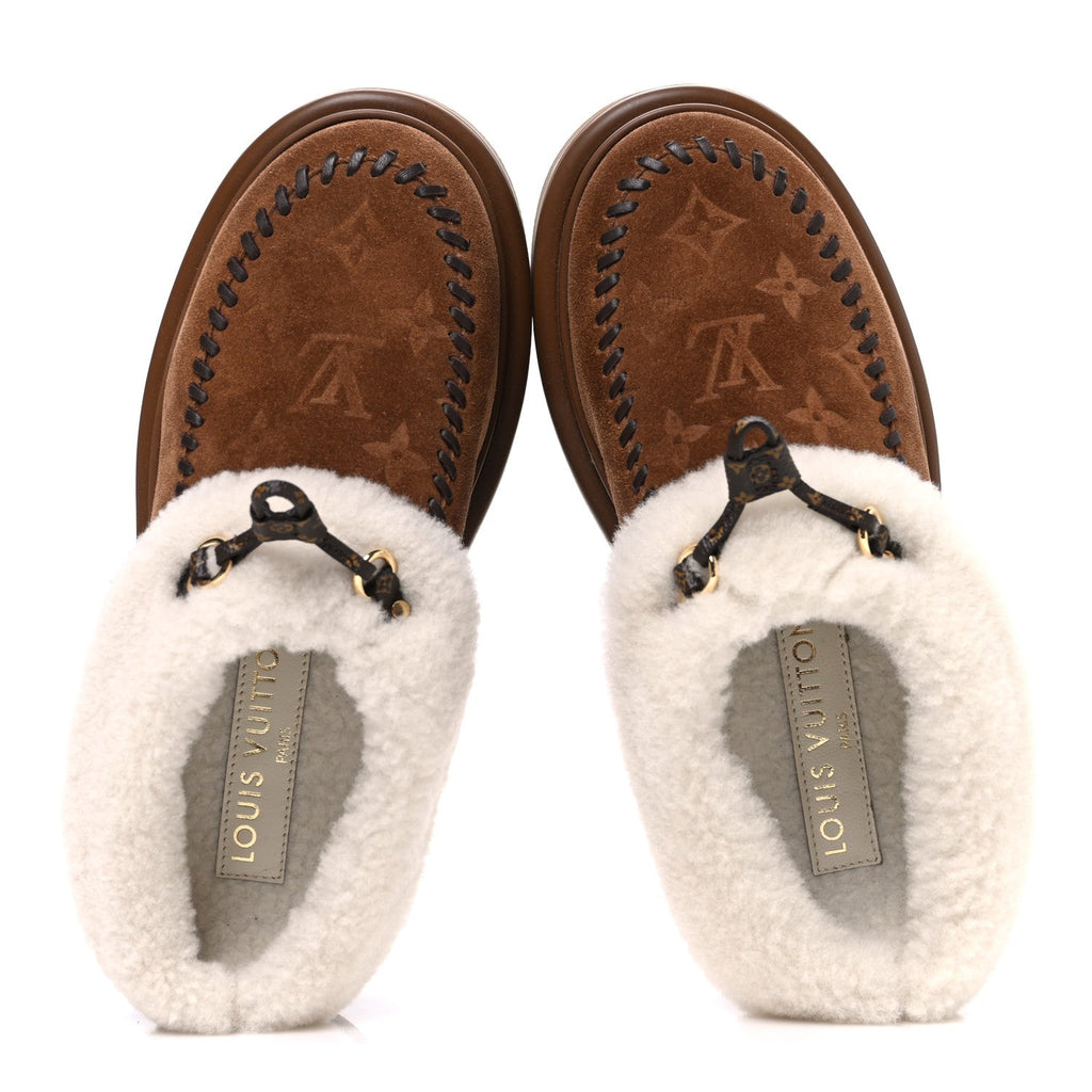 Louis Vuitton Suede Calfskin Shearling Monogram Debossed Cortina Closed Mule 38 Light Beige