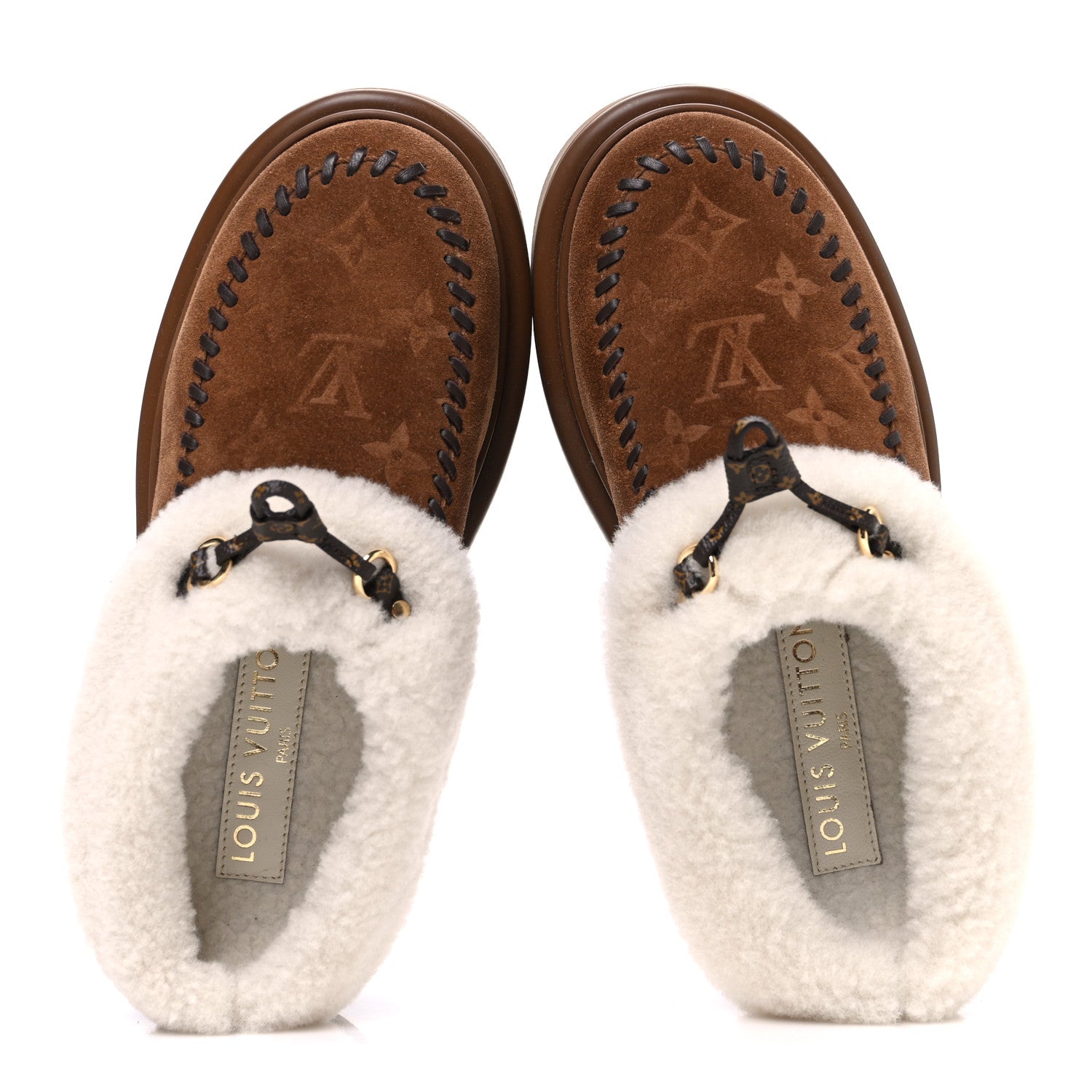 Louis Vuitton Suede Calfskin Shearling Monogram Debossed Cortina Closed Mule 38 Light Beige