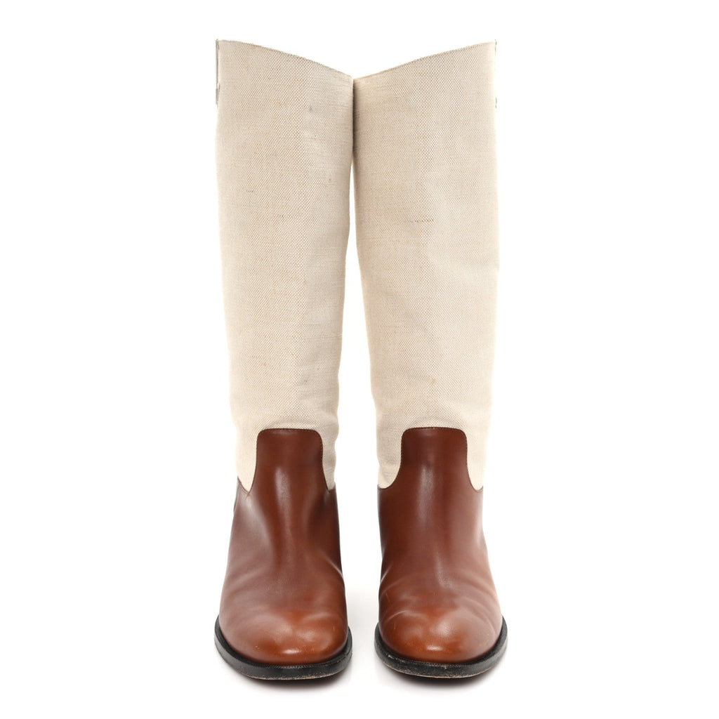 Louis Vuitton Canvas Calfskin Heritage Flat High Boots 38 Beige Brown