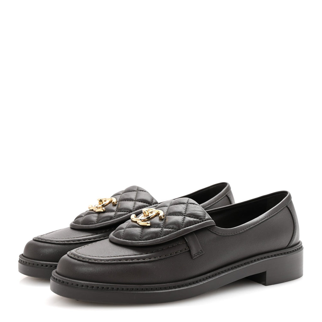Lambskin Quilted CC Turnlock Loafers 38.5 Dark Brown