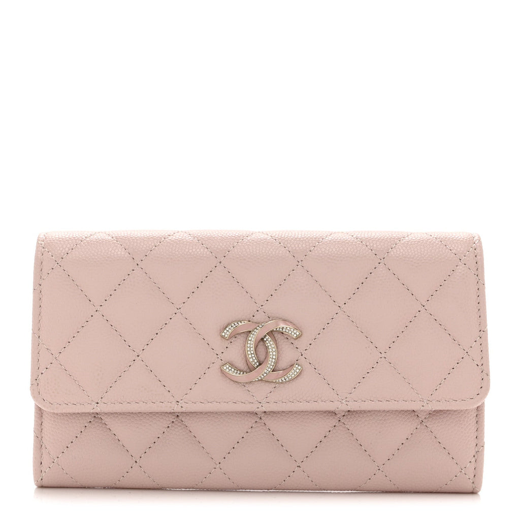 Caviar Quilted Enamel Crystal CC Flap Wallet Light Pink