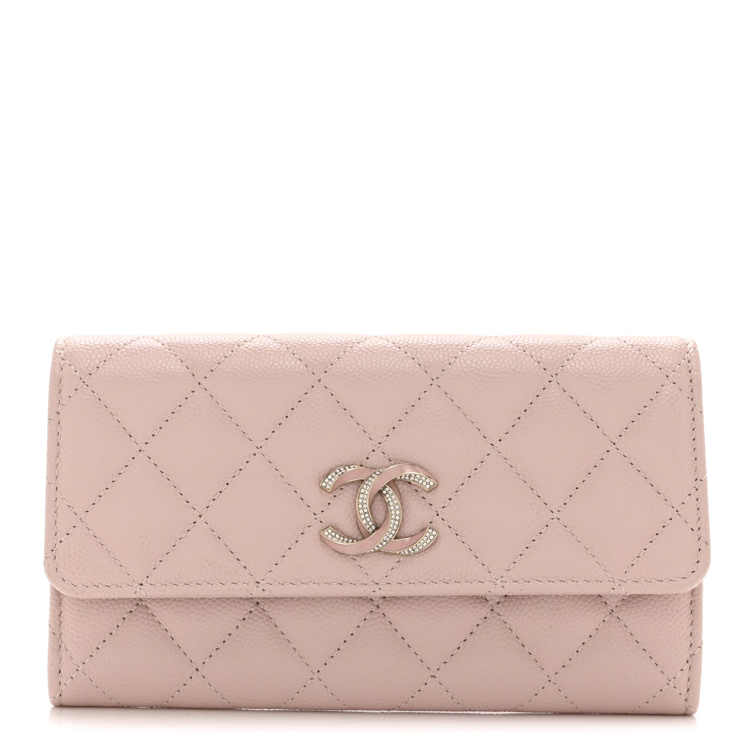 Caviar Quilted Enamel Crystal CC Flap Wallet Light Pink