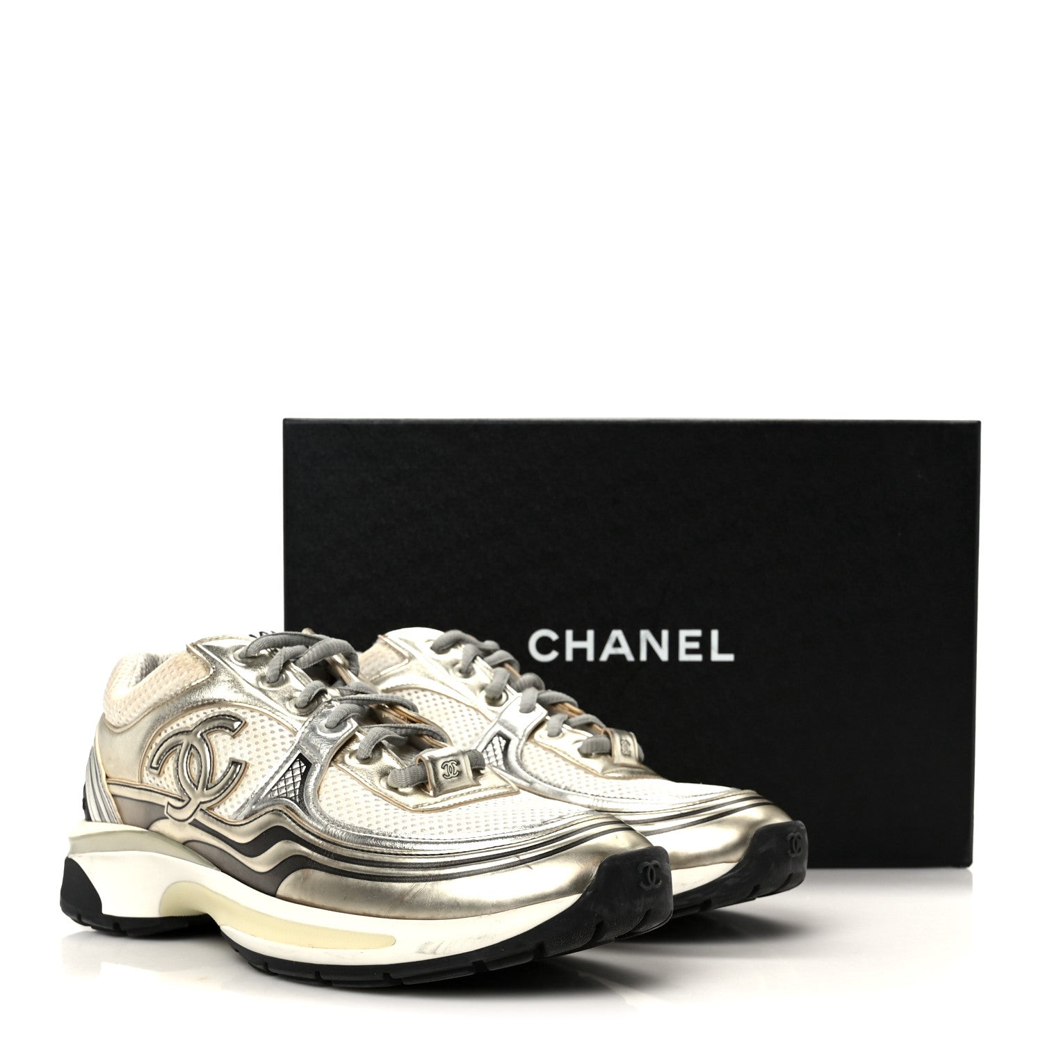Fabric Laminated Calfskin Stretch CC Sneakers 39.5 White Gold Silver