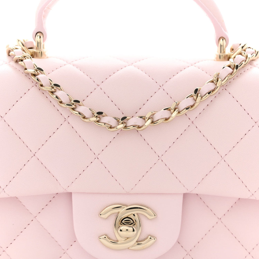 Chanel Lambskin Quilted Mini Top Handle Rectangular Flap Light Pink