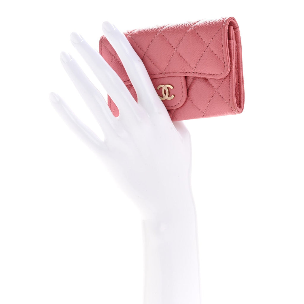 Caviar Quilted Flap Card Holder Wallet Pink