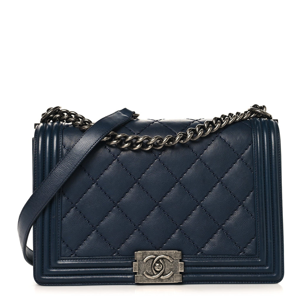 Chanel Calfskin Quilted Double Stitch New Medium Boy Flap Navy Blue