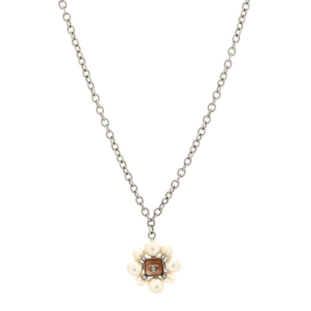 Gripoix Pearl Crystal CC Pendant Necklace Silver