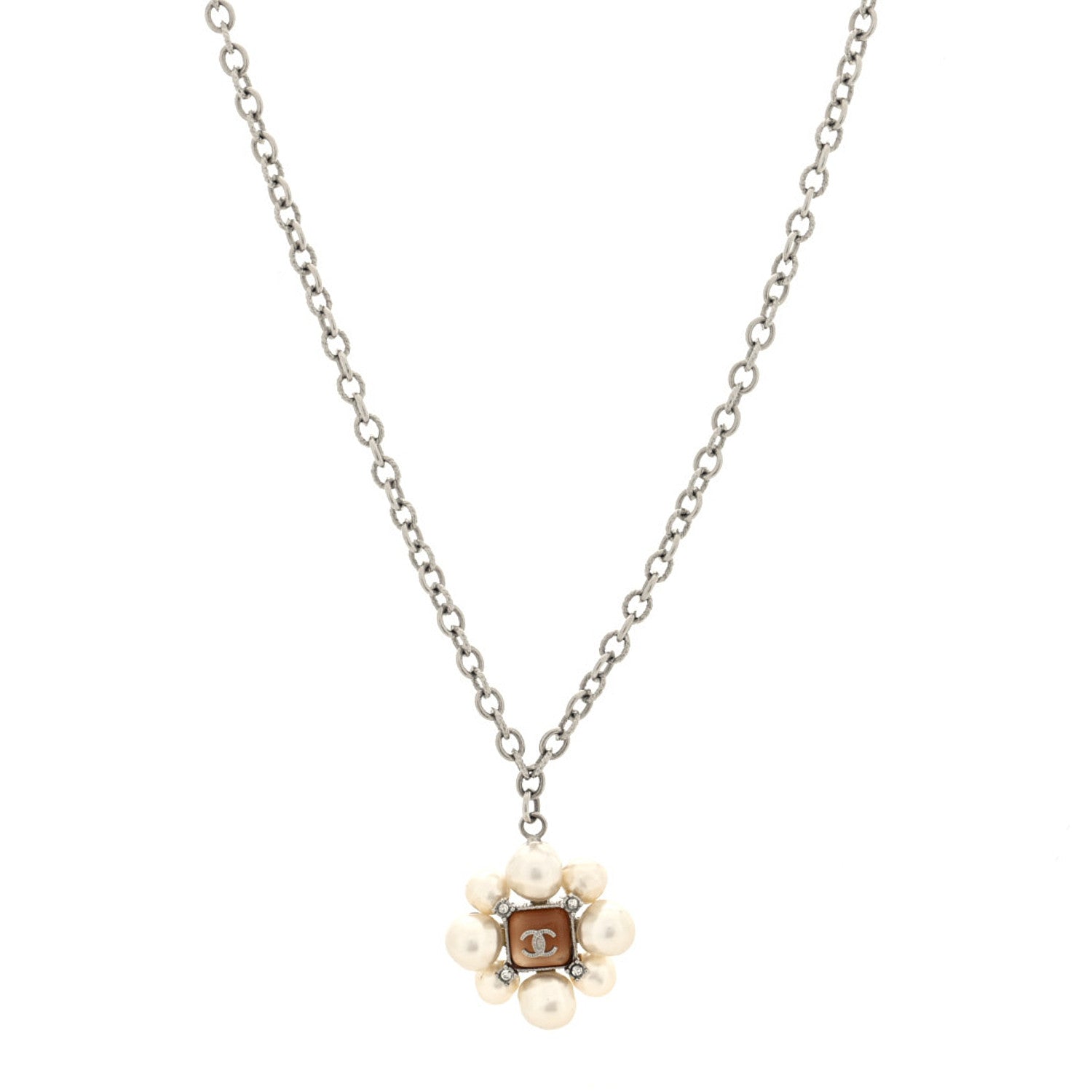 Gripoix Pearl Crystal CC Pendant Necklace Silver