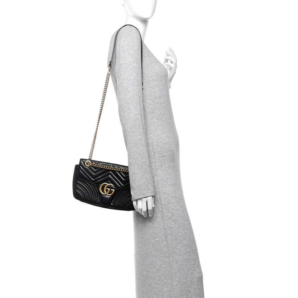 Gucci Calfskin Matelasse Small GG Marmont Shoulder Bag Black