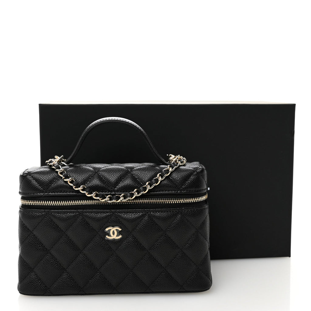Chanel Caviar Quilted Top Handle Slim Vanity With Chain Black