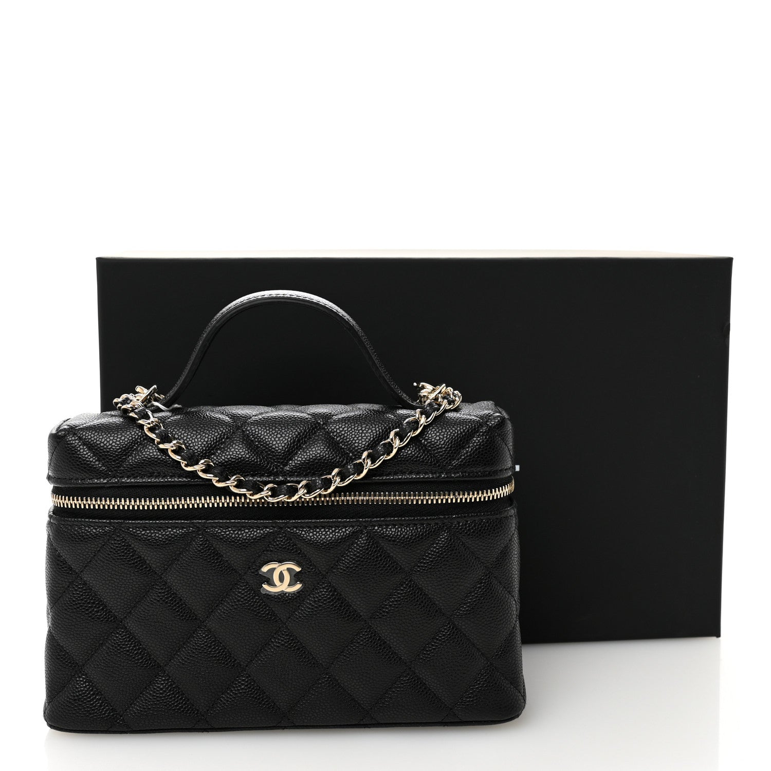 Chanel Caviar Quilted Top Handle Slim Vanity With Chain Black