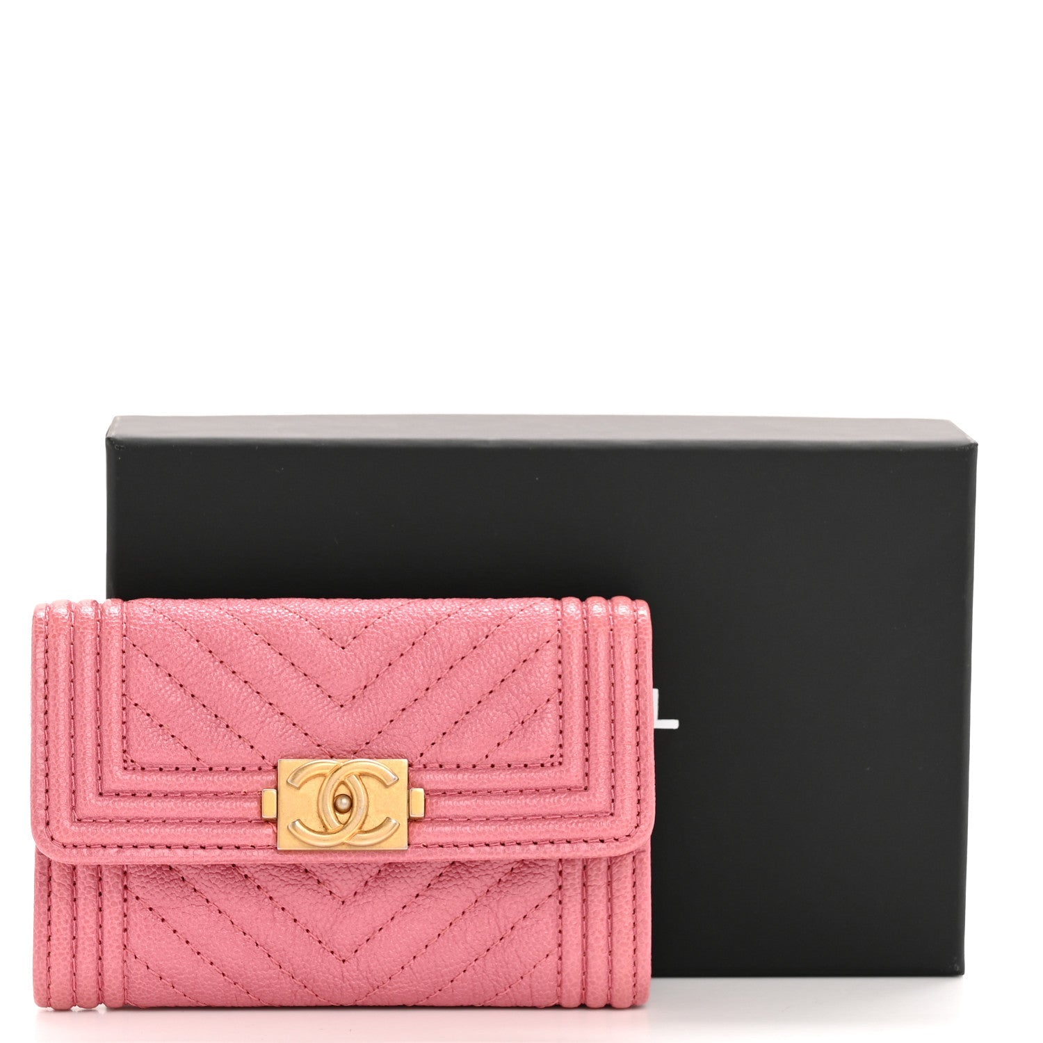 Caviar Chevron Quilted Boy Flap Card Holder Wallet Pink