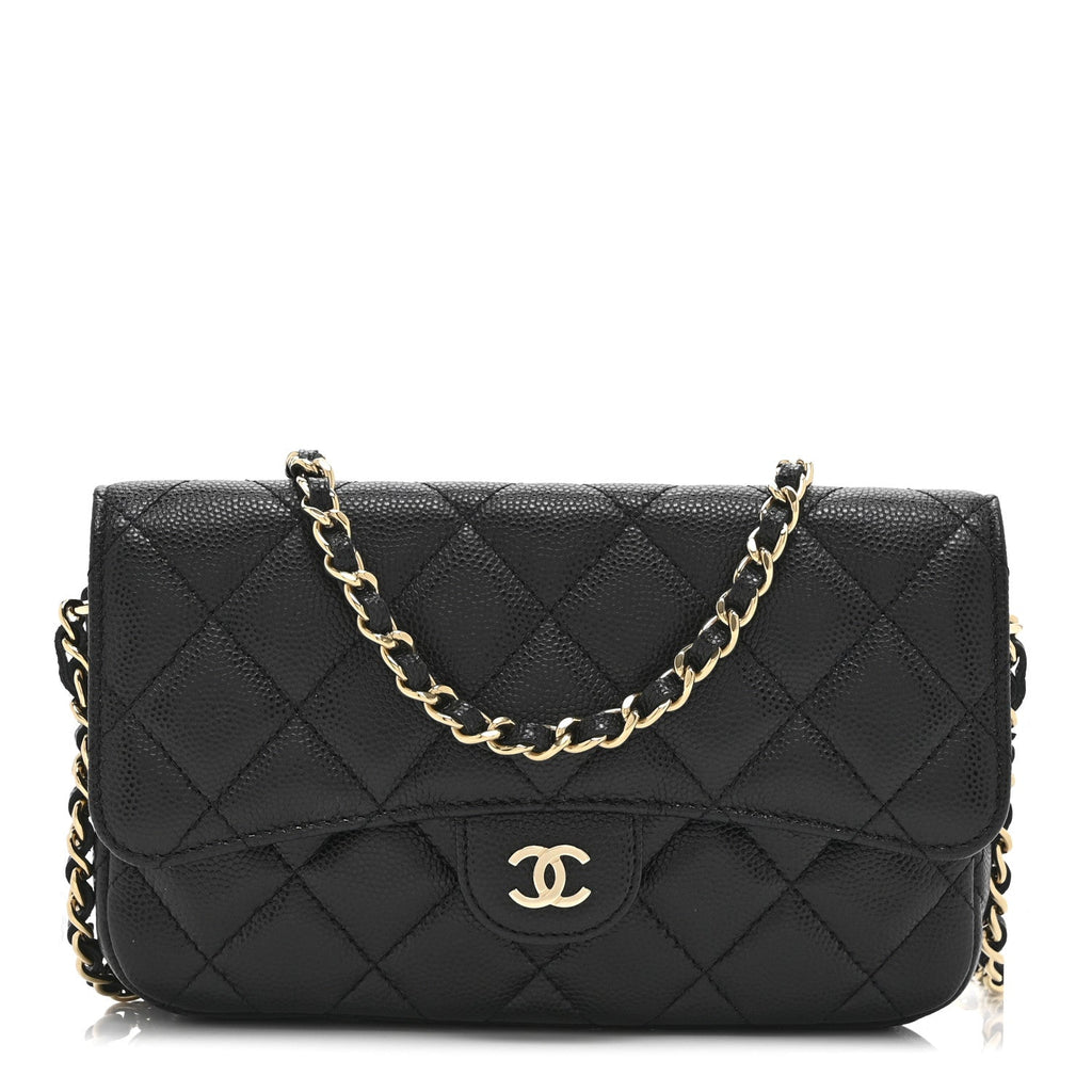 Caviar Quilted Flap Phone Holder With Chain Black