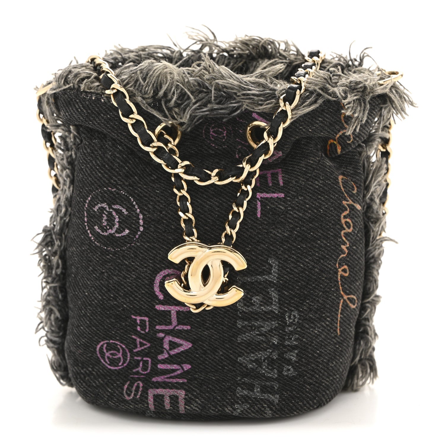 Chanel Denim Quilted Mood Mini Bucket With Chain Black Multicolor