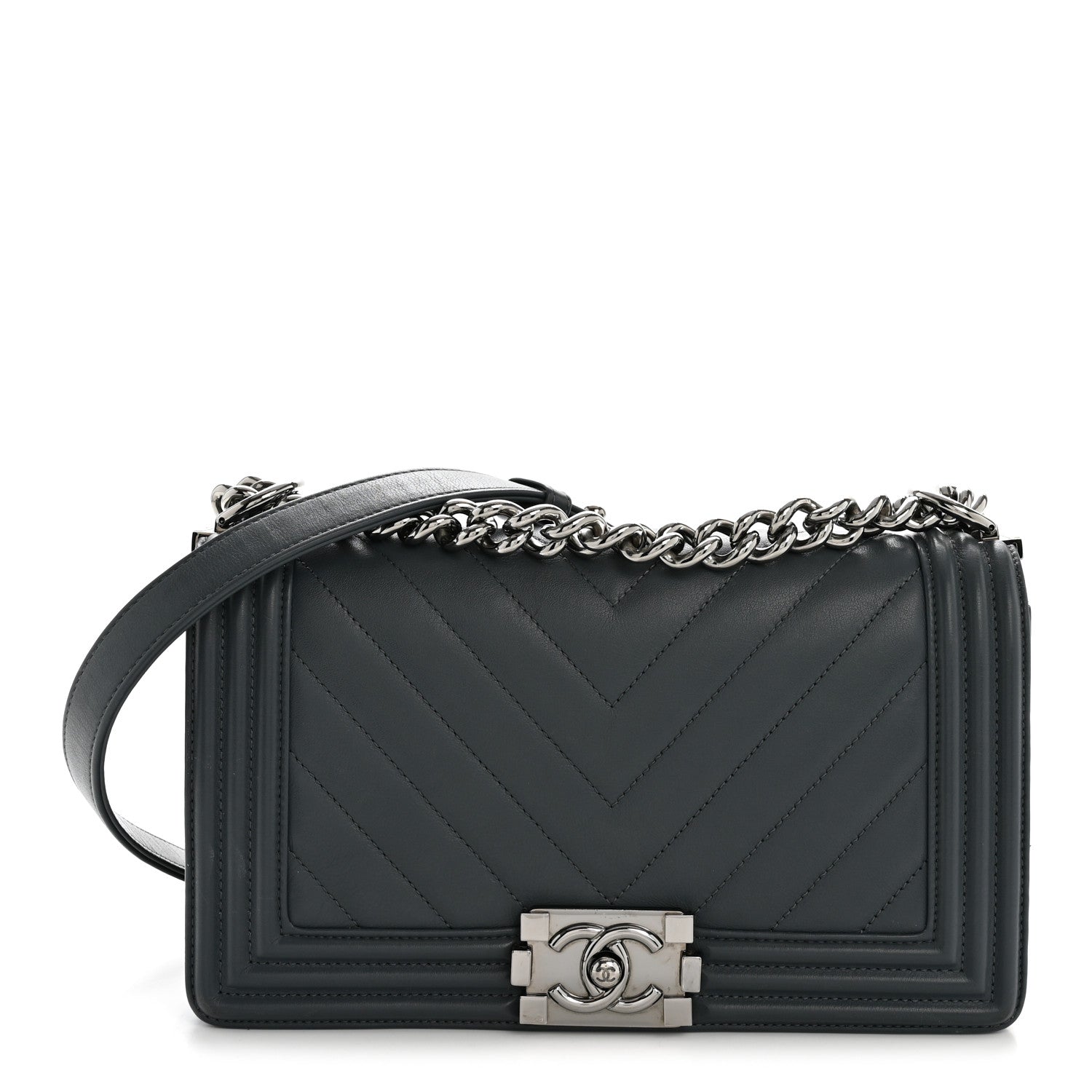 Chanel Calfskin Chevron Quilted New Medium Boy Flap Dark Navy Blue