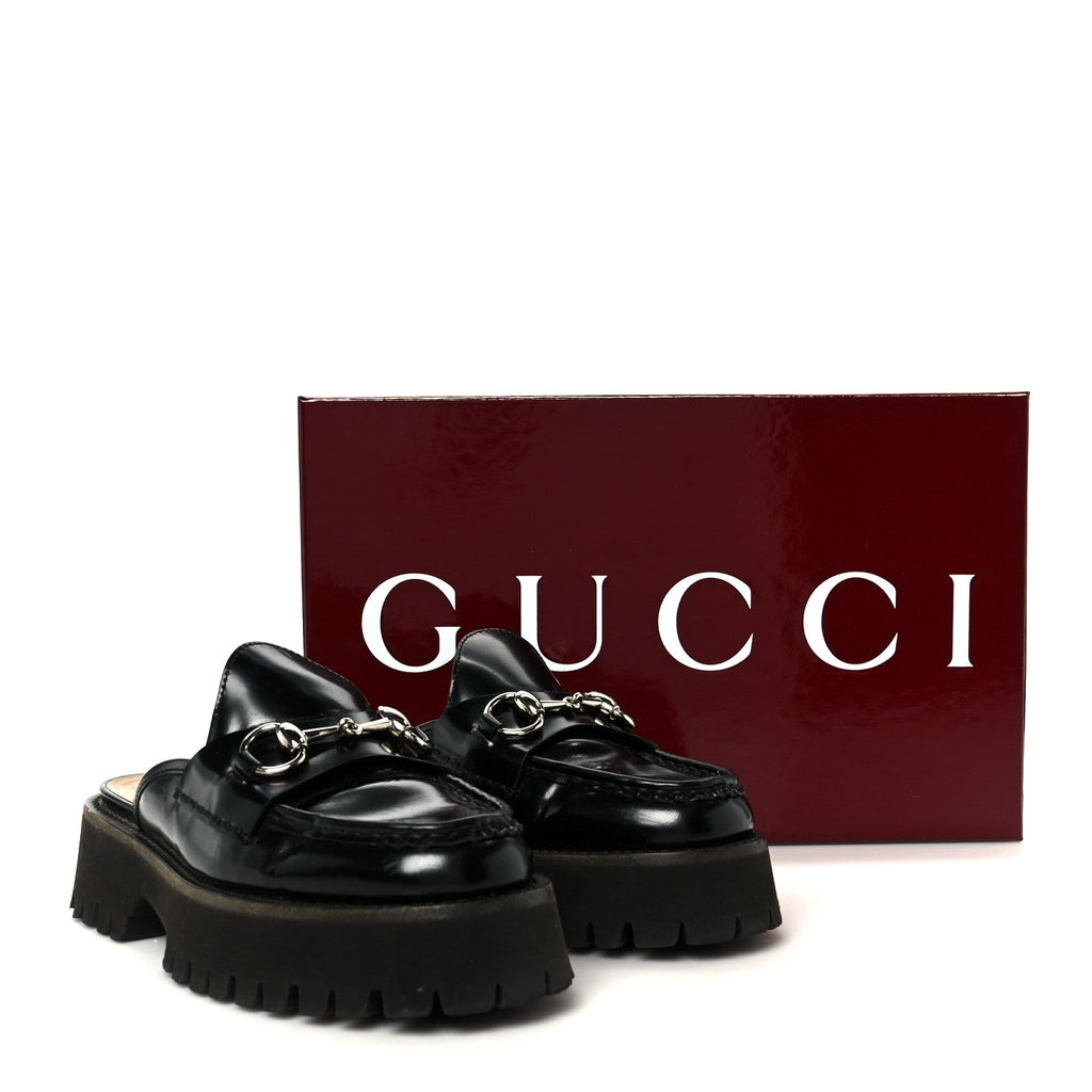 Gucci Magnum Calfskin Womens Horsebit Platform Mules 35.5 Black