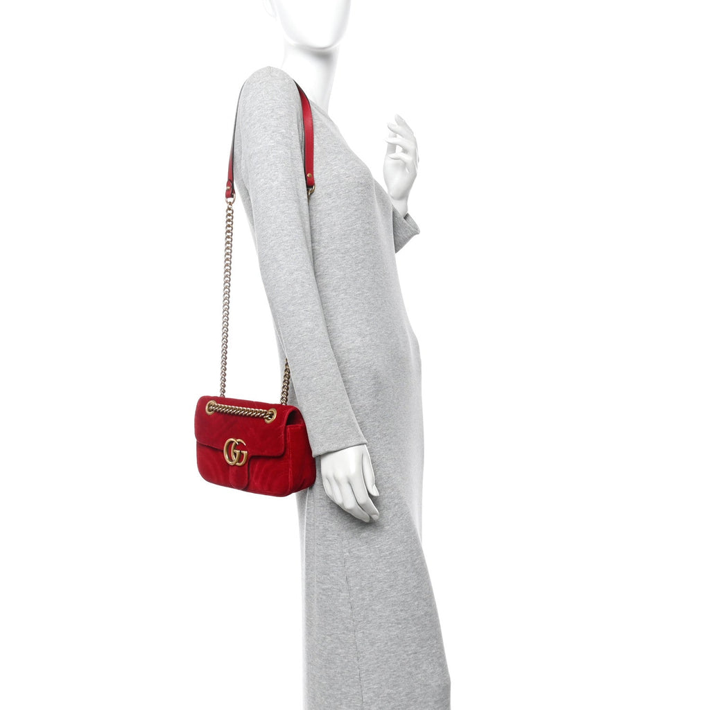 Gucci Velvet Matelasse Mini GG Marmont Shoulder Bag Hibiscus Red