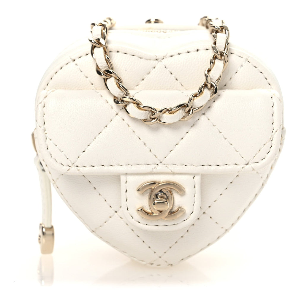 Chanel Lambskin Quilted CC In Love Heart Coin Purse With Chain White