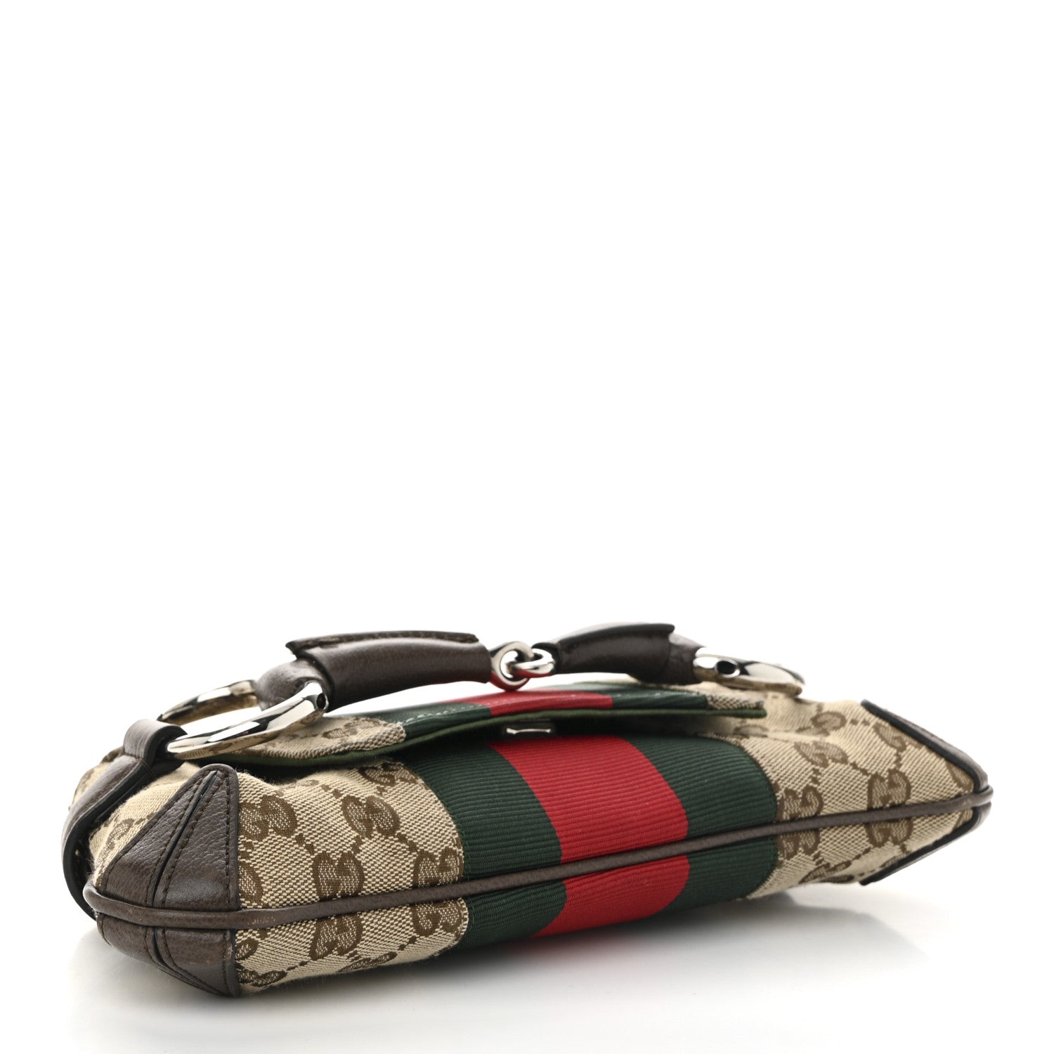 Gucci Monogram Textured Dollar Calfskin Heavy Grosgrain Web Medium Maxi Horsebit Chain Shoulder Bag Beige Ebony New Acero