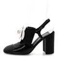 Crumpled Shiny Fabric Grosgrain Cap Toe Camellia Bow Slingback Pumps 39 Black