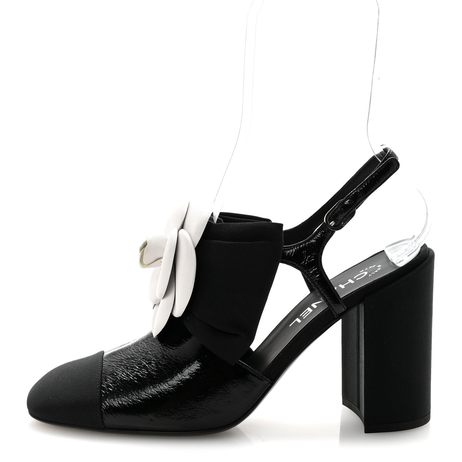 Crumpled Shiny Fabric Grosgrain Cap Toe Camellia Bow Slingback Pumps 39 Black