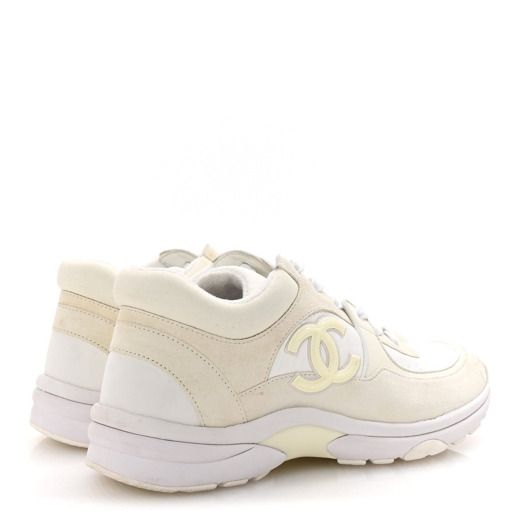 Chanel Suede Calfskin Fabric CC Sneakers 38 White