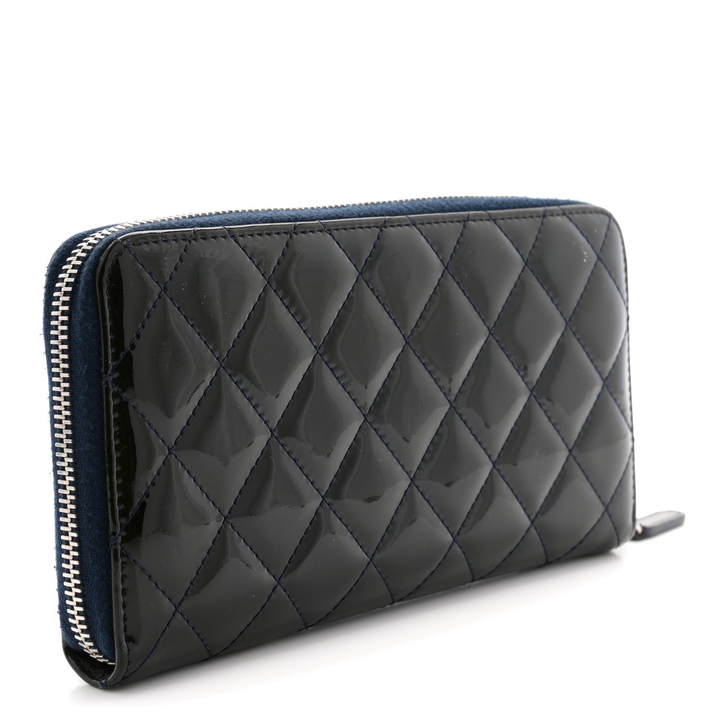 Patent Quilted Zip Around Wallet Dark Blue