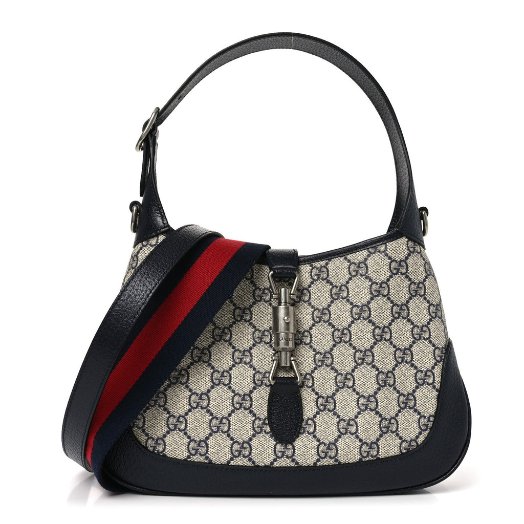 Gucci GG Supreme Monogram Textured Dollar Calfskin Web Small Jackie 1961 Hobo Beige Blue