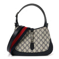 Gucci GG Supreme Monogram Textured Dollar Calfskin Web Small Jackie 1961 Hobo Beige Blue