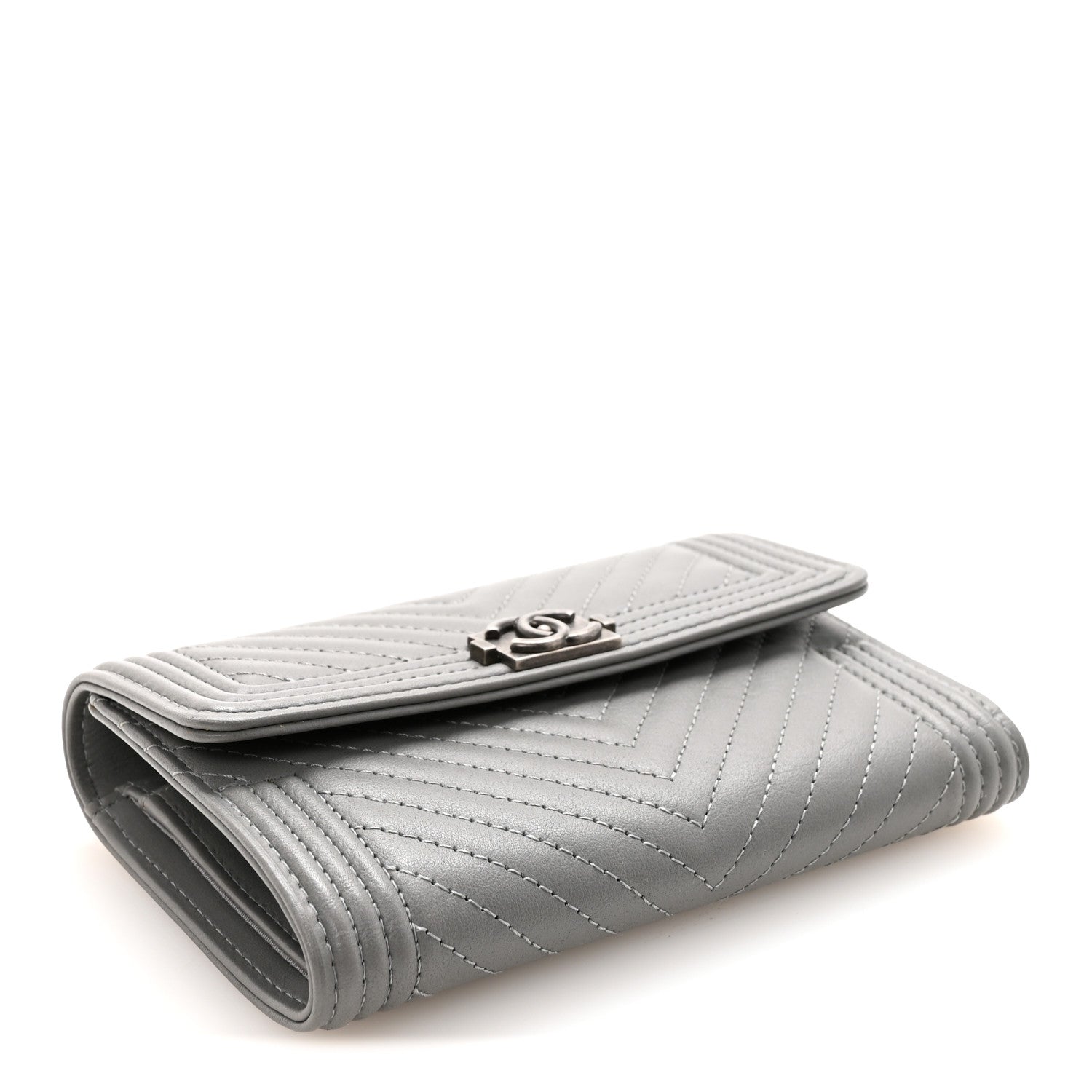 Calfskin Chevron Quilted Medium Boy Flap Wallet Grey