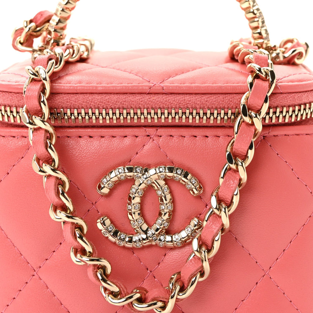 Chanel Lambskin Quilted Crystal Top Handle Mini Vanity Case With Chain Coral